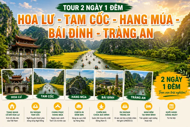 Ninh Binh Tour 2 Days 1 Night | Hoa Lu - Tam Coc - Mua Cave - Bai Dinh Pagoda - Trang An